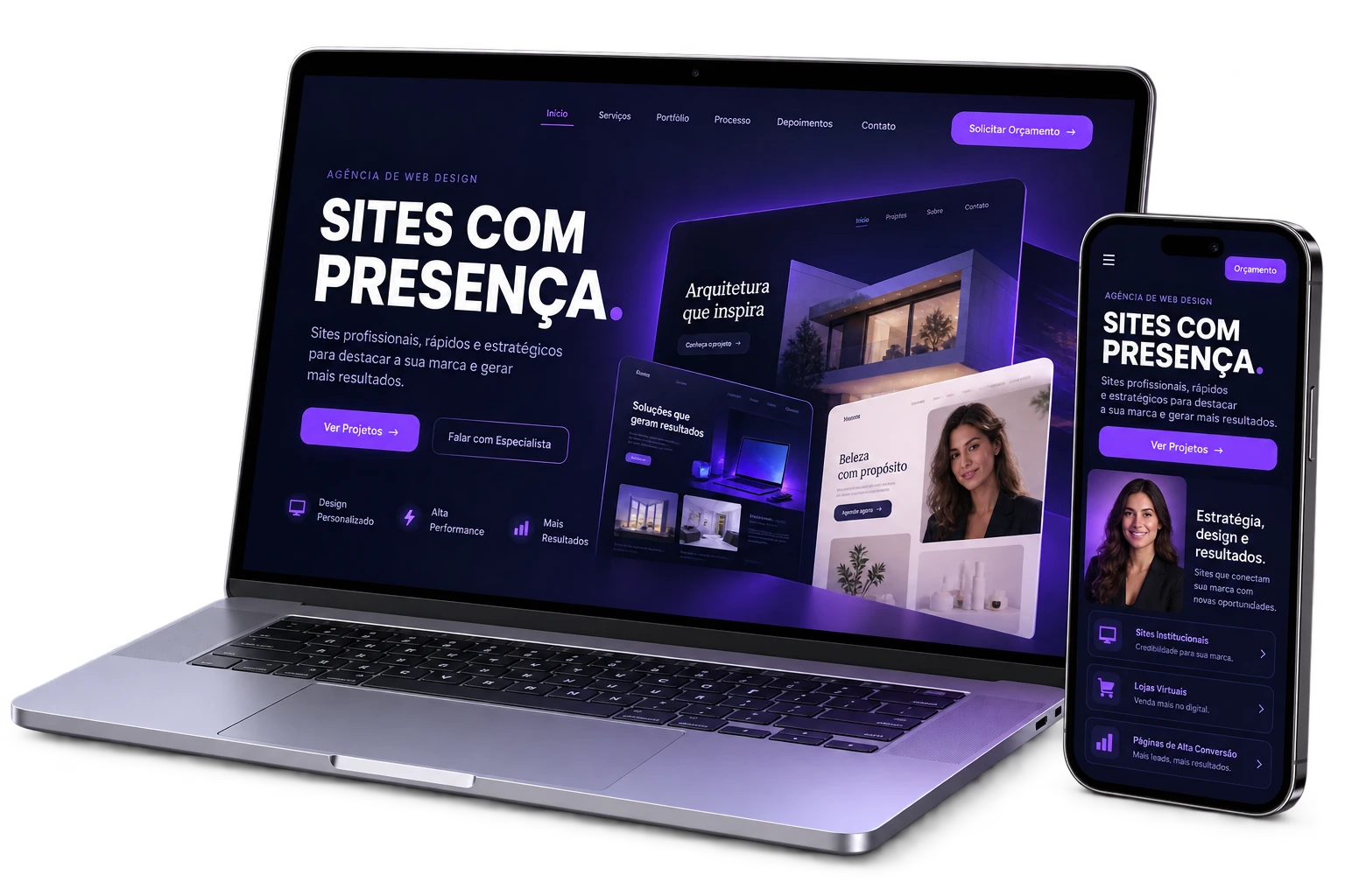 Notebook e celular exibindo exemplos de sites com design roxo e preto