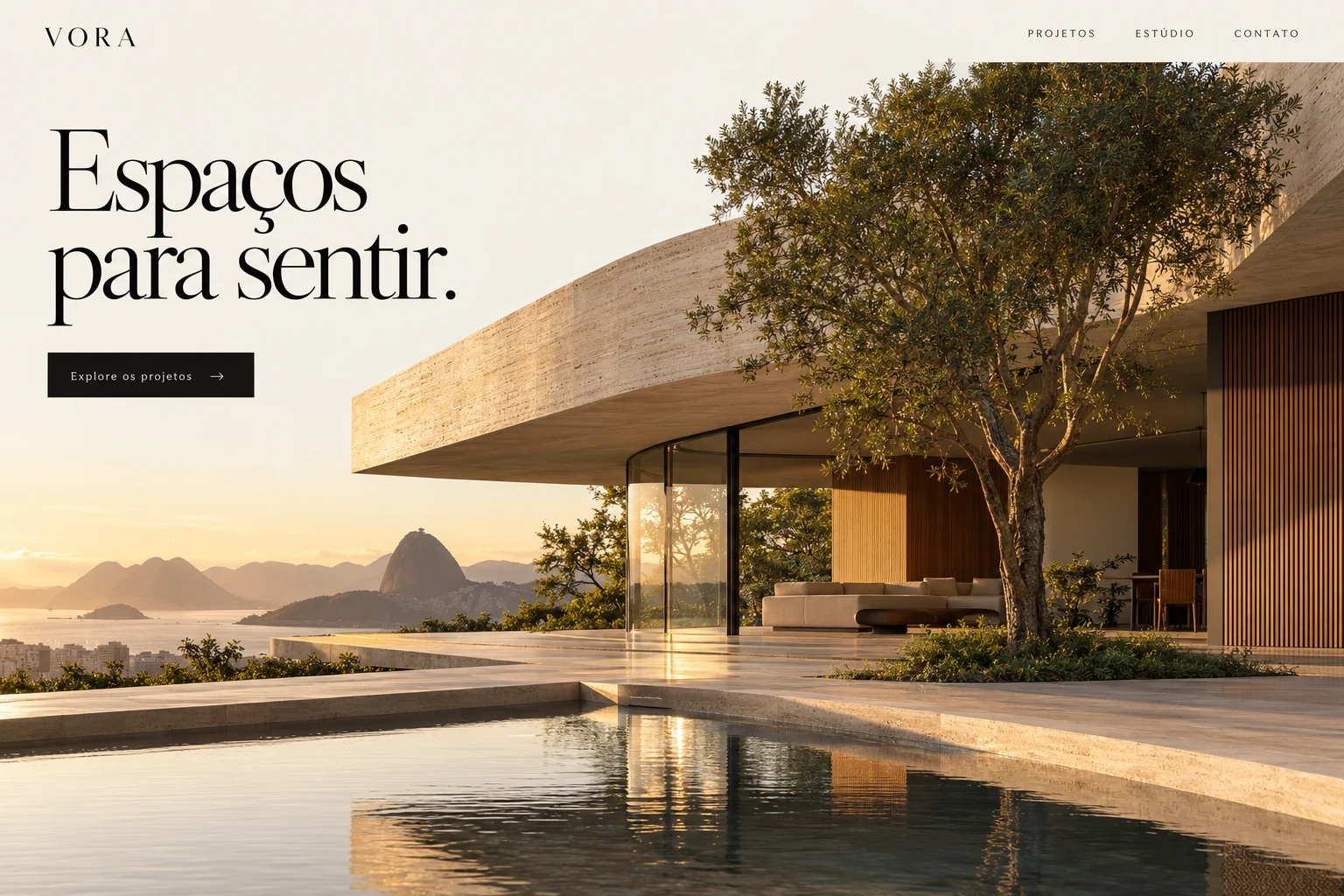 Imagem de site conceito VORA, marca fictícia de arquitetura
